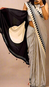 White and Black Striped Contemporary Satin Crepe Modal Silk Saree